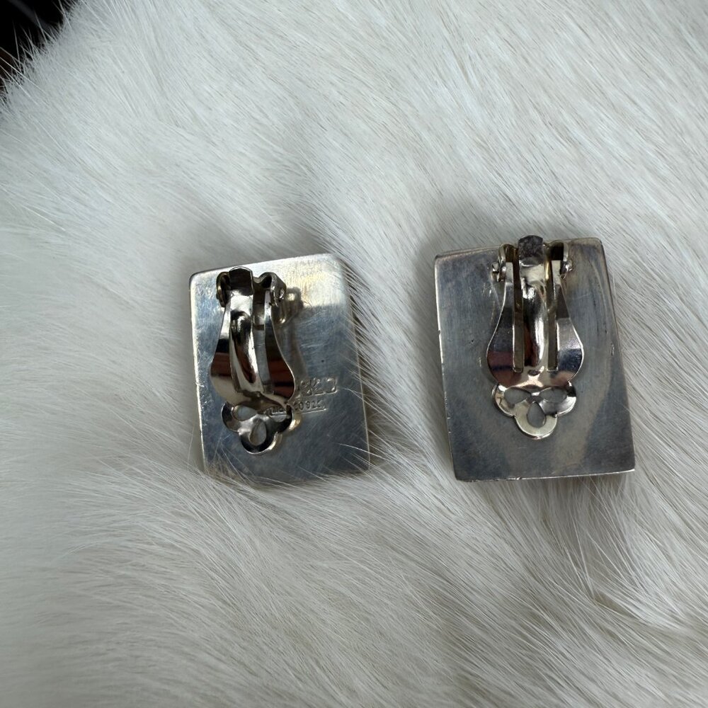 Vintage SET Taxco Sterling Silver & Onyx MOD Rectangle Pendant & Clip-on Earring - Picture 6 of 7